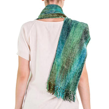 Load image into Gallery viewer, Teal and Blue Backstrap Loom Rayon Chenille Scarf - Precious Teal | NOVICA