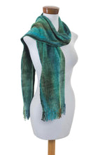 Load image into Gallery viewer, Teal and Blue Backstrap Loom Rayon Chenille Scarf - Precious Teal | NOVICA