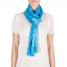 Load image into Gallery viewer, Backstrap Loom Rayon Handmade Scarf in Blue - Forever Blue | NOVICA