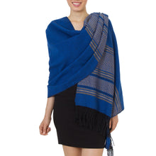 Load image into Gallery viewer, Blue Cotton Zapotec Shawl from Mexico with Golden Motifs - Golden Sea Foam | NOVICA