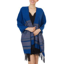 Load image into Gallery viewer, Blue Cotton Zapotec Shawl from Mexico with Golden Motifs - Golden Sea Foam | NOVICA