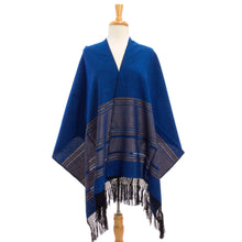 Load image into Gallery viewer, Blue Cotton Zapotec Shawl from Mexico with Golden Motifs - Golden Sea Foam | NOVICA
