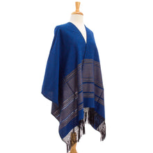 Load image into Gallery viewer, Blue Cotton Zapotec Shawl from Mexico with Golden Motifs - Golden Sea Foam | NOVICA
