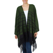 Load image into Gallery viewer, Green and Black Cotton Handwoven Zapotec Shawl - Avocado Leaves | NOVICA