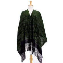Load image into Gallery viewer, Green and Black Cotton Handwoven Zapotec Shawl - Avocado Leaves | NOVICA