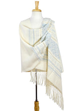 Load image into Gallery viewer, Creamy Cotton Handwoven Shawl with Light Blue Stars - Azure Stars of Teotitlan | NOVICA
