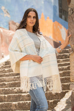 Load image into Gallery viewer, Creamy Cotton Handwoven Shawl with Light Blue Stars - Azure Stars of Teotitlan | NOVICA