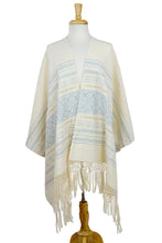 Load image into Gallery viewer, Creamy Cotton Handwoven Shawl with Light Blue Stars - Azure Stars of Teotitlan | NOVICA