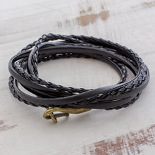 Load image into Gallery viewer, Braided Leather Wrap Bracelet in Black from Guatemala - Elegance and Style in Black | NOVICA
