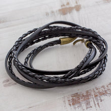 Load image into Gallery viewer, Braided Leather Wrap Bracelet in Black from Guatemala - Elegance and Style in Black | NOVICA