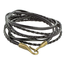 Load image into Gallery viewer, Braided Leather Wrap Bracelet in Black from Guatemala - Elegance and Style in Black | NOVICA