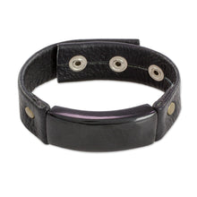 Load image into Gallery viewer, Jade and Leather Wristband Bracelet from Guatemala - Black Fortress | NOVICA