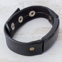 Load image into Gallery viewer, Jade and Leather Wristband Bracelet from Guatemala - Black Fortress | NOVICA