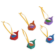 Load image into Gallery viewer, Painted Wood Alebrije Whale Ornaments (Set of 5) from Mexico - Sweet Whales | NOVICA