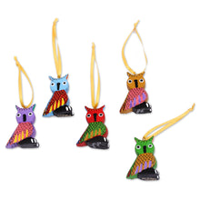 Load image into Gallery viewer, Painted Wood Alebrije Owl Ornaments (Set of 5) from Mexico - Sweet Owls | NOVICA
