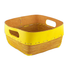 Load image into Gallery viewer, Leather and Pine Needle Decorative Basket from Nicaragua - Sunny Yellow | NOVICA