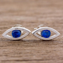 Load image into Gallery viewer, Handcrafted Sterling Silver Blue Eyed Button Earrings - Beautiful Baby Blues | NOVICA
