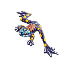 Load image into Gallery viewer, Blue and Yellow Hand-Painted Ceramic Frog Figurine - Sunlit Pond King | NOVICA