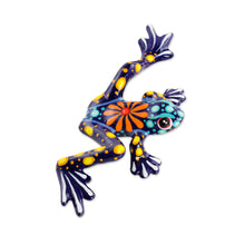 Load image into Gallery viewer, Blue and Yellow Hand-Painted Ceramic Frog Figurine - Sunlit Pond King | NOVICA