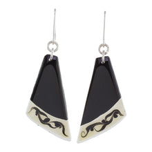 Load image into Gallery viewer, Black Asymmetrical Triangle Art Glass Dangle Earrings - Dance Fan | NOVICA