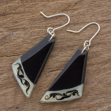 Load image into Gallery viewer, Black Asymmetrical Triangle Art Glass Dangle Earrings - Dance Fan | NOVICA
