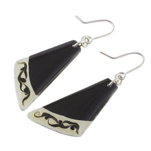 Load image into Gallery viewer, Black Asymmetrical Triangle Art Glass Dangle Earrings - Dance Fan | NOVICA