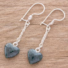 Load image into Gallery viewer, Heart-Shaped Dark Green Jade Dangle Earrings from Guatemala - Dark Green Spirals of Love | NOVICA