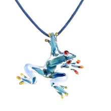 Load image into Gallery viewer, Blue with Red Accents Handblown Glass Frog Pendant Necklace - Red-Eyed Frog | NOVICA