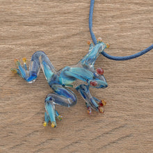 Load image into Gallery viewer, Blue with Red Accents Handblown Glass Frog Pendant Necklace - Red-Eyed Frog | NOVICA