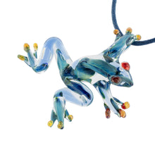 Load image into Gallery viewer, Blue with Red Accents Handblown Glass Frog Pendant Necklace - Red-Eyed Frog | NOVICA