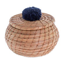 Load image into Gallery viewer, Handmade Pine Needle Basket with a Navy Cotton Pompom - Natural in Navy | NOVICA