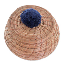 Load image into Gallery viewer, Handmade Pine Needle Basket with a Navy Cotton Pompom - Natural in Navy | NOVICA