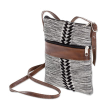 Load image into Gallery viewer, Black and White Leather Accent Cotton Sling from Guatemala - Comalapa Heather | NOVICA