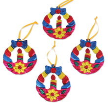 Load image into Gallery viewer, Hammered Tin Wreath Ornaments from Mexico (Set of 4) - Candlelit Wreaths in Fuchsia | NOVICA