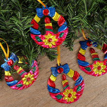 Load image into Gallery viewer, Hammered Tin Wreath Ornaments from Mexico (Set of 4) - Candlelit Wreaths in Fuchsia | NOVICA