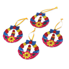 Load image into Gallery viewer, Hammered Tin Wreath Ornaments from Mexico (Set of 4) - Candlelit Wreaths in Fuchsia | NOVICA