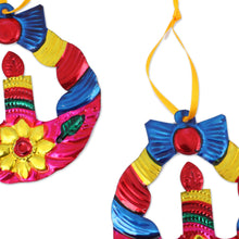 Load image into Gallery viewer, Hammered Tin Wreath Ornaments from Mexico (Set of 4) - Candlelit Wreaths in Fuchsia | NOVICA