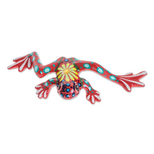 Load image into Gallery viewer, Floral Ceramic Pond Frog Figurine in Red from Costa Rica - Fiery Pond Frog | NOVICA