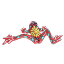 Load image into Gallery viewer, Floral Ceramic Pond Frog Figurine in Red from Costa Rica - Fiery Pond Frog | NOVICA