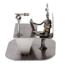 Load image into Gallery viewer, Recycled Metal Auto Part Sculpture of Seated Broadcaster - Broadcaster | NOVICA