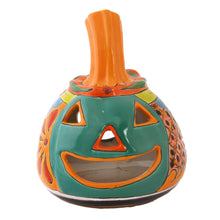 Load image into Gallery viewer, Jack-O-Lantern Talavera Style Ceramic Candle Holder - Happy Jack-O-Lantern | NOVICA