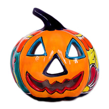 Load image into Gallery viewer, Ceramic Jack-O-Lantern Candle Holder from Mexico - Floral Halloween | NOVICA