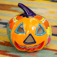 Load image into Gallery viewer, Ceramic Jack-O-Lantern Candle Holder from Mexico - Floral Halloween | NOVICA