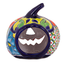 Load image into Gallery viewer, Ceramic Jack-O-Lantern Candle Holder from Mexico - Floral Halloween | NOVICA
