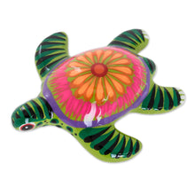 Load image into Gallery viewer, Floral Ceramic and Resin Sea Turtle Figurine in Green - Life of the Ocean in Green | NOVICA