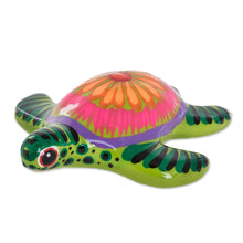 Load image into Gallery viewer, Floral Ceramic and Resin Sea Turtle Figurine in Green - Life of the Ocean in Green | NOVICA