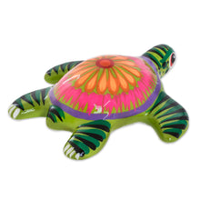 Load image into Gallery viewer, Floral Ceramic and Resin Sea Turtle Figurine in Green - Life of the Ocean in Green | NOVICA