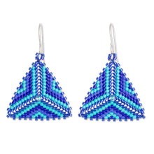 Load image into Gallery viewer, Triangular Glass Beaded Dangle Earrings in Blue - Tribal Triangles | NOVICA