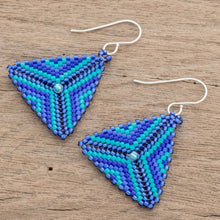 Load image into Gallery viewer, Triangular Glass Beaded Dangle Earrings in Blue - Tribal Triangles | NOVICA