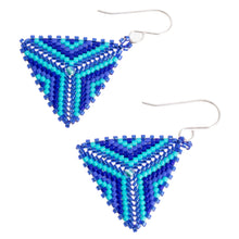 Load image into Gallery viewer, Triangular Glass Beaded Dangle Earrings in Blue - Tribal Triangles | NOVICA